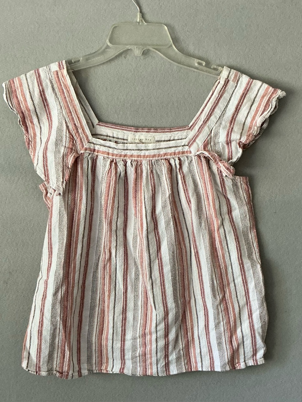 Copper Key Striped Square Neck Top L Boho Cottagecore Peasant Flutter Sleeve